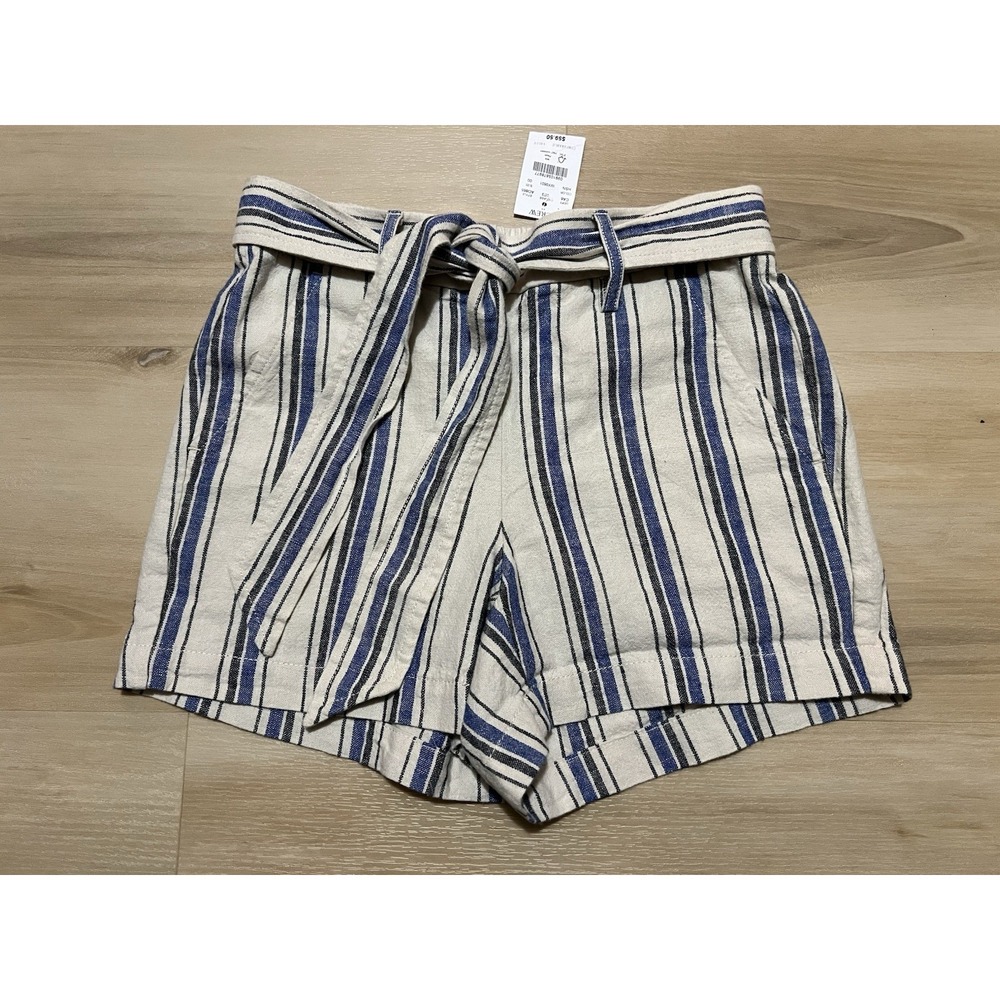 NWT J Crew Linen Blend Shorts Women's‎ 00 Striped Blue Cream Belted